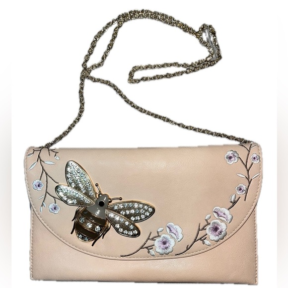 Floral Embroidered Goldtone Rhinestone Bee Purse Clutch, Chain Strap, Light Pink - Picture 1 of 9